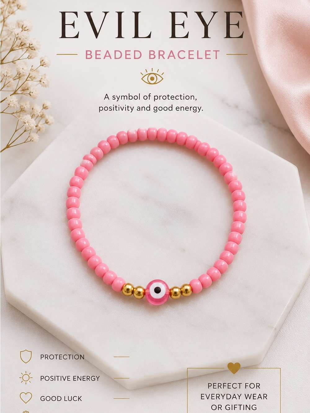 Evil Eye Pink Beaded Bracelet #23